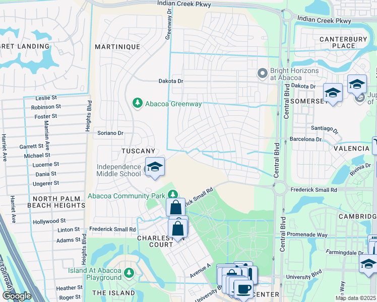map of restaurants, bars, coffee shops, grocery stores, and more near 1475 North Jeaga Drive in Jupiter