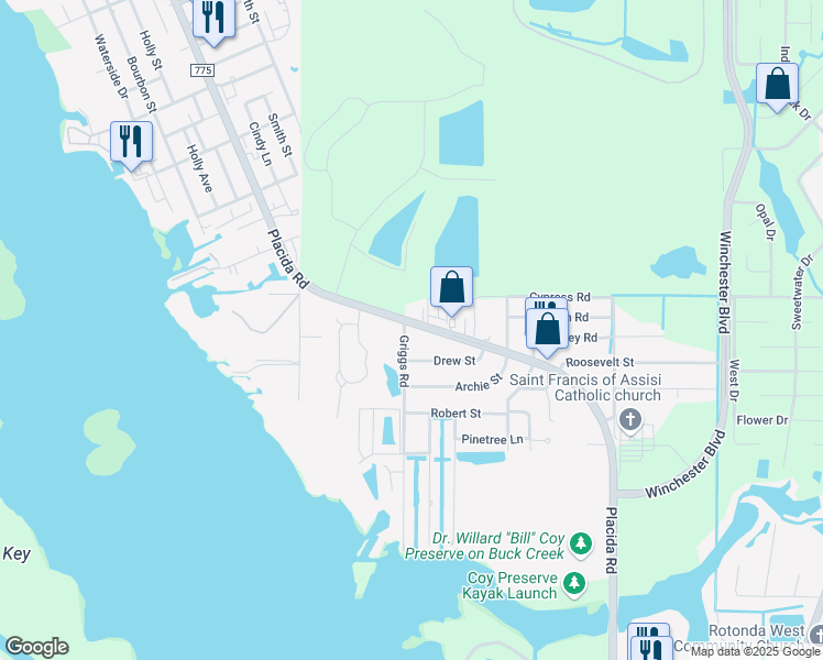 map of restaurants, bars, coffee shops, grocery stores, and more near 4321 Placida Road in Englewood