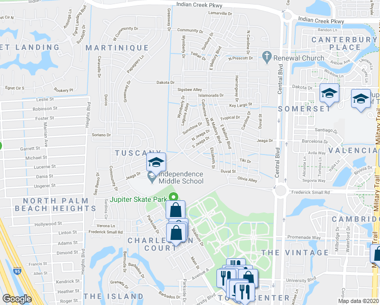 map of restaurants, bars, coffee shops, grocery stores, and more near 1470 South Jeaga Drive in Jupiter