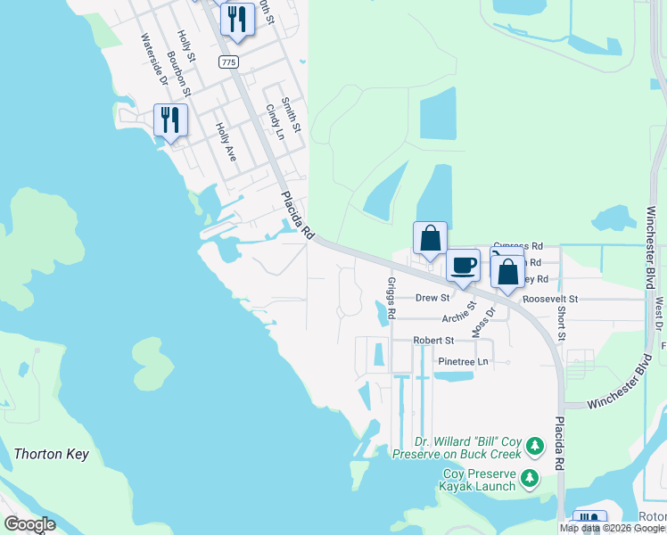 map of restaurants, bars, coffee shops, grocery stores, and more near 4260 Placida Road in Englewood