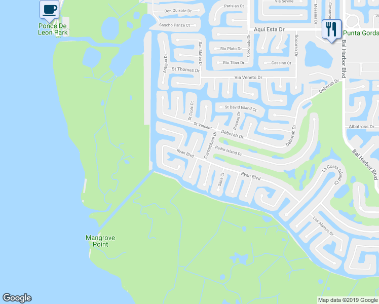map of restaurants, bars, coffee shops, grocery stores, and more near 3601 Bonaire Court in Punta Gorda