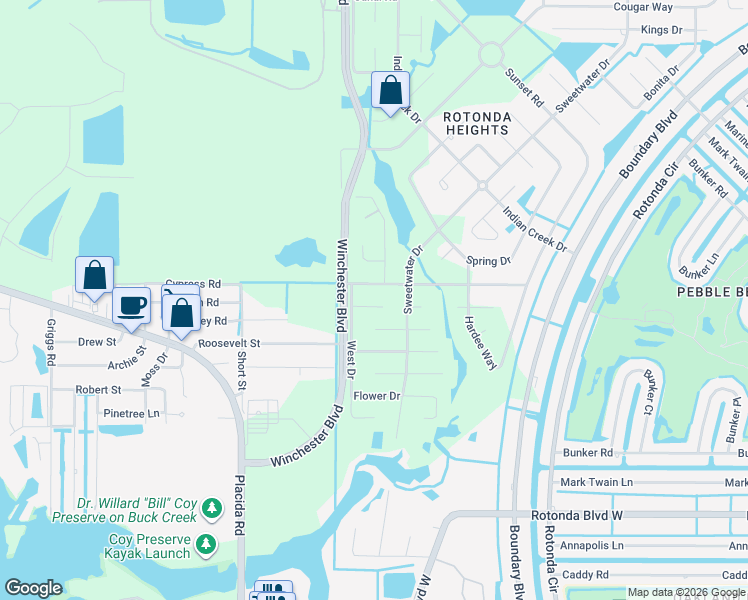 map of restaurants, bars, coffee shops, grocery stores, and more near 108 Abbott Ct in Rotonda West
