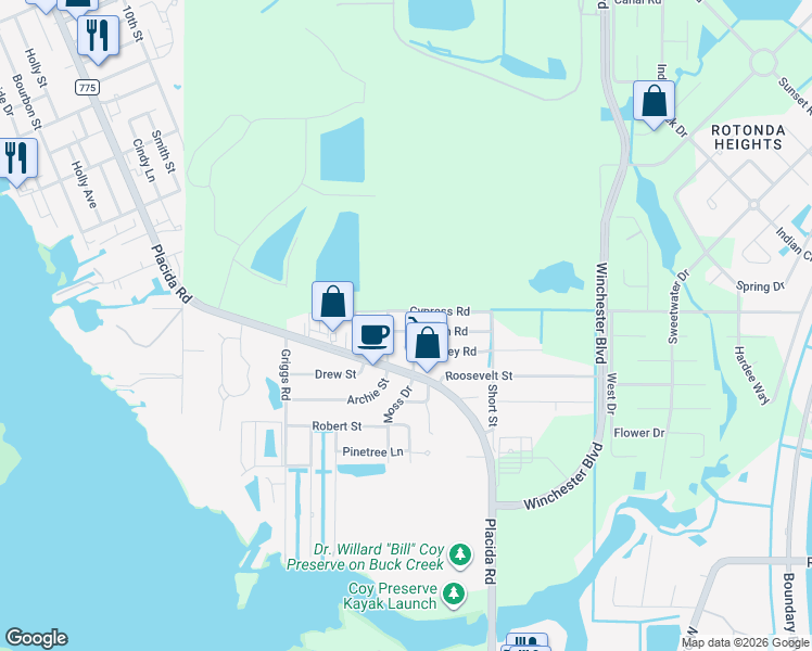 map of restaurants, bars, coffee shops, grocery stores, and more near 8272 Pelican Road in Englewood