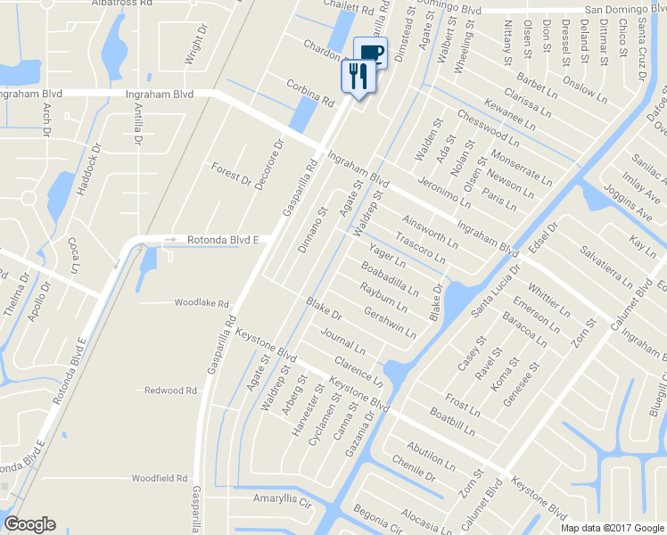 map of restaurants, bars, coffee shops, grocery stores, and more near 8575 Waldrep Street in Port Charlotte