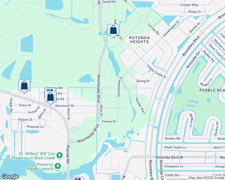 map of restaurants, bars, coffee shops, grocery stores, and more near 108 Abbott Court in Rotonda West