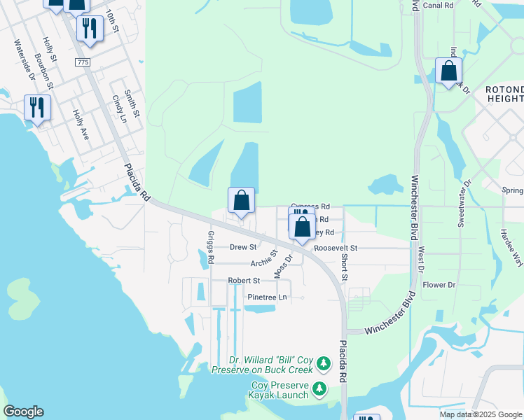 map of restaurants, bars, coffee shops, grocery stores, and more near 8236 Pelican Road in Englewood