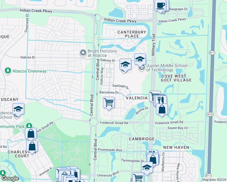 map of restaurants, bars, coffee shops, grocery stores, and more near 123 Barcelona Drive in Jupiter