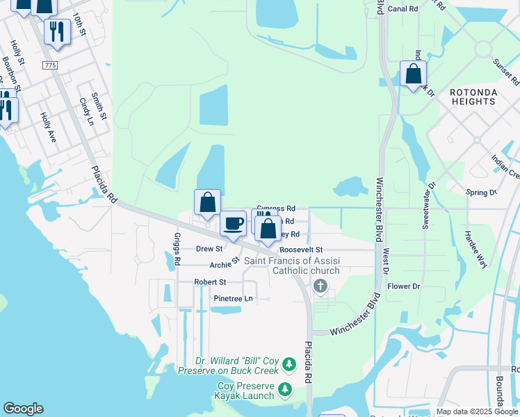 map of restaurants, bars, coffee shops, grocery stores, and more near Cypress Road in Charlotte County