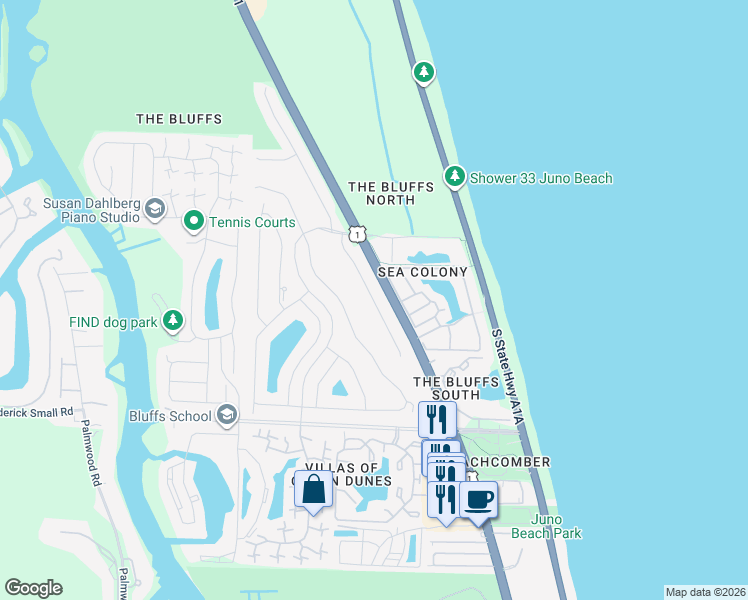map of restaurants, bars, coffee shops, grocery stores, and more near 128 Sand Pine Drive in Jupiter