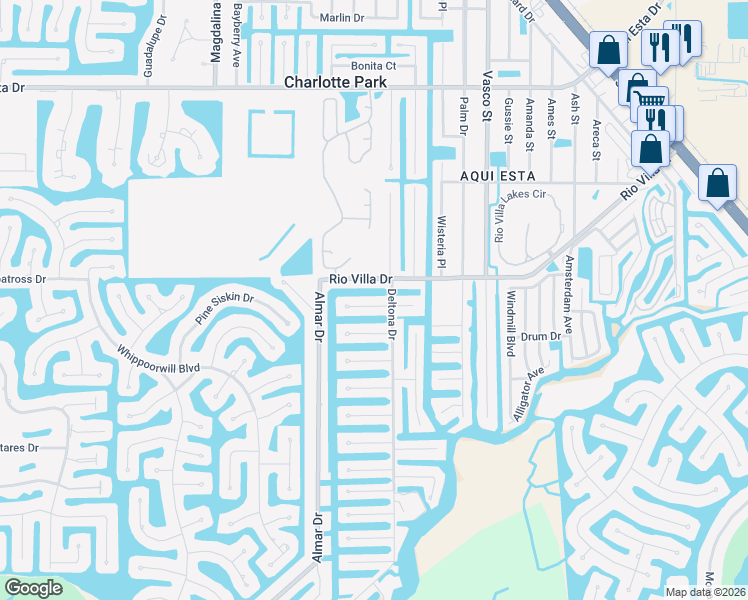map of restaurants, bars, coffee shops, grocery stores, and more near 741 Dania Court in Punta Gorda