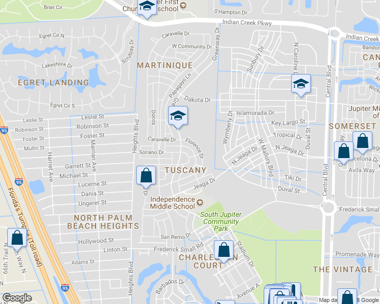 map of restaurants, bars, coffee shops, grocery stores, and more near 160 Turn Piedmont Lane in Jupiter