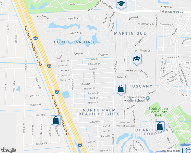 map of restaurants, bars, coffee shops, grocery stores, and more near 6189 Barbara Street in Jupiter