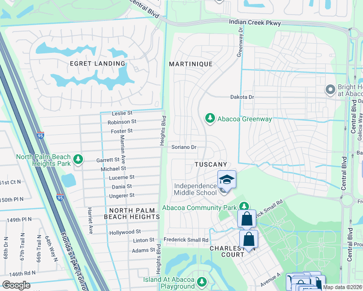 map of restaurants, bars, coffee shops, grocery stores, and more near 3424 Community Drive in Jupiter