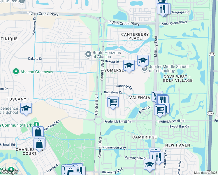 map of restaurants, bars, coffee shops, grocery stores, and more near 106 Santiago Drive in Jupiter