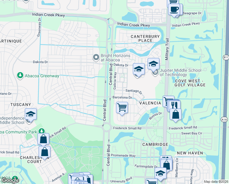 map of restaurants, bars, coffee shops, grocery stores, and more near 105 Galicia Way in Jupiter