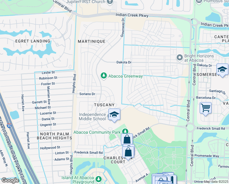 map of restaurants, bars, coffee shops, grocery stores, and more near 127 Florence Drive in Jupiter