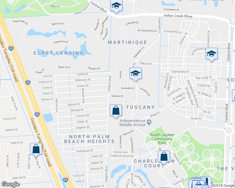 map of restaurants, bars, coffee shops, grocery stores, and more near 195 Soriano Drive in Jupiter
