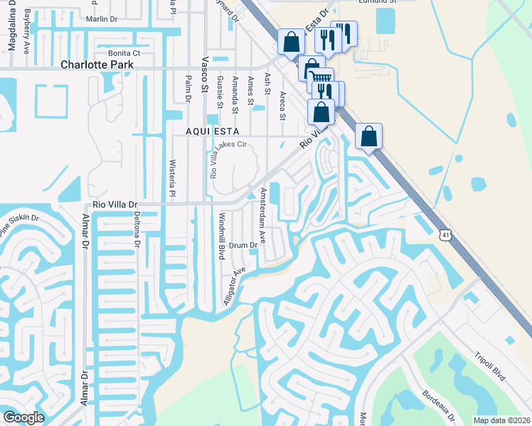 map of restaurants, bars, coffee shops, grocery stores, and more near 14 Amsterdam Avenue in Punta Gorda
