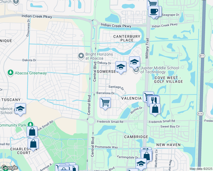 map of restaurants, bars, coffee shops, grocery stores, and more near 121 Murcia Drive in Jupiter