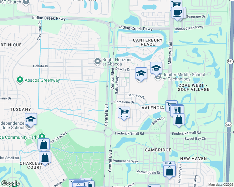 map of restaurants, bars, coffee shops, grocery stores, and more near 105 Galicia Way in Jupiter