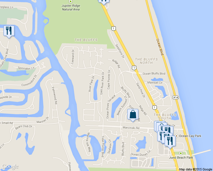 map of restaurants, bars, coffee shops, grocery stores, and more near 126 Cape Pointe Circle in Jupiter