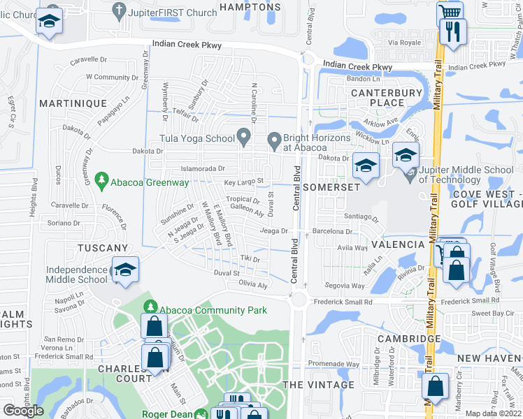 map of restaurants, bars, coffee shops, grocery stores, and more near 1032 Tropical Drive in Jupiter