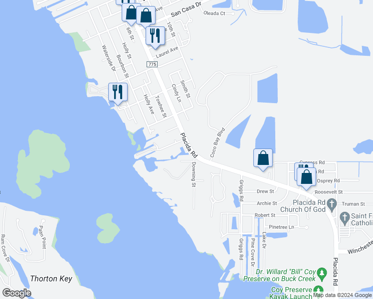 map of restaurants, bars, coffee shops, grocery stores, and more near 3400 Placida Road in Englewood