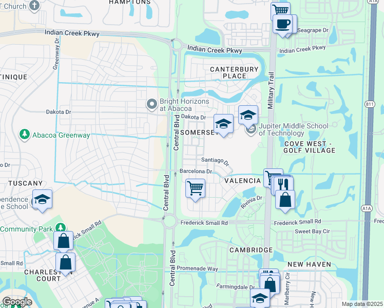 map of restaurants, bars, coffee shops, grocery stores, and more near 1 Ashford Bandon Lane in Jupiter