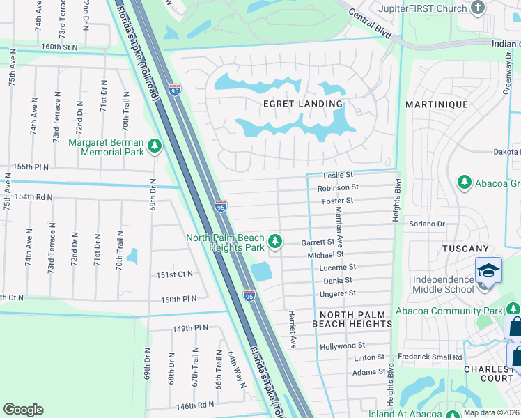 map of restaurants, bars, coffee shops, grocery stores, and more near 6442 Foster Street in Jupiter