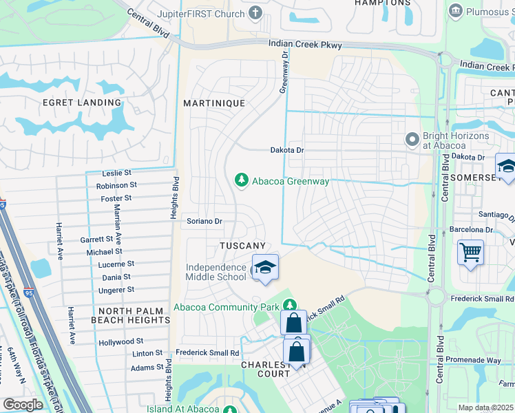 map of restaurants, bars, coffee shops, grocery stores, and more near 127 Florence Drive in Jupiter