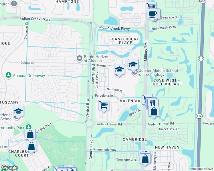 map of restaurants, bars, coffee shops, grocery stores, and more near 1 Ashford Bandon Lane in Jupiter