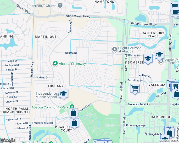 map of restaurants, bars, coffee shops, grocery stores, and more near 3348 Mallory Boulevard in Jupiter