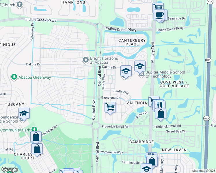 map of restaurants, bars, coffee shops, grocery stores, and more near 1 Ashford Bandon Lane in Jupiter