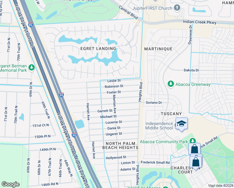 map of restaurants, bars, coffee shops, grocery stores, and more near 6180 Foster Street in Jupiter