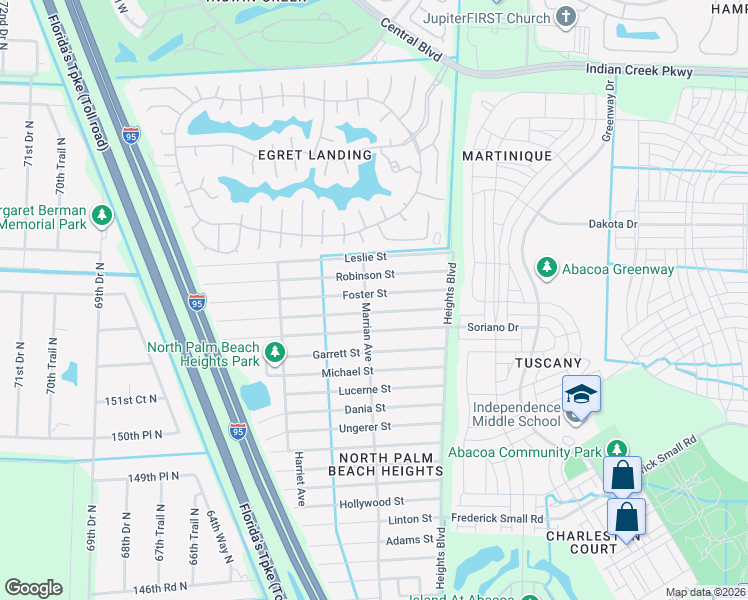 map of restaurants, bars, coffee shops, grocery stores, and more near 6180 Foster Street in Jupiter