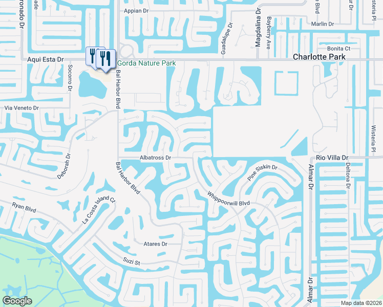 map of restaurants, bars, coffee shops, grocery stores, and more near 1472 Albatross Drive in Punta Gorda