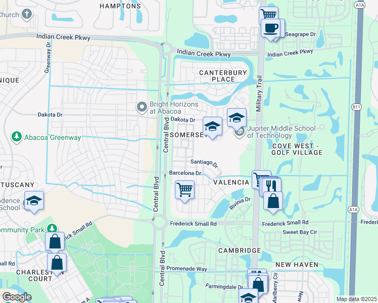 map of restaurants, bars, coffee shops, grocery stores, and more near 1 Ashford Bandon Lane in Jupiter