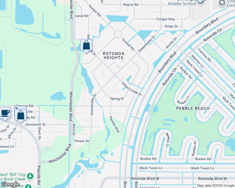 map of restaurants, bars, coffee shops, grocery stores, and more near 193 Spring Drive in Rotonda West