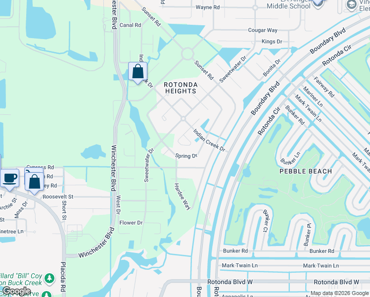 map of restaurants, bars, coffee shops, grocery stores, and more near 193 Spring Drive in Rotonda West