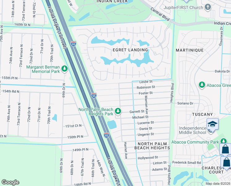 map of restaurants, bars, coffee shops, grocery stores, and more near 6442 Foster Street in Jupiter