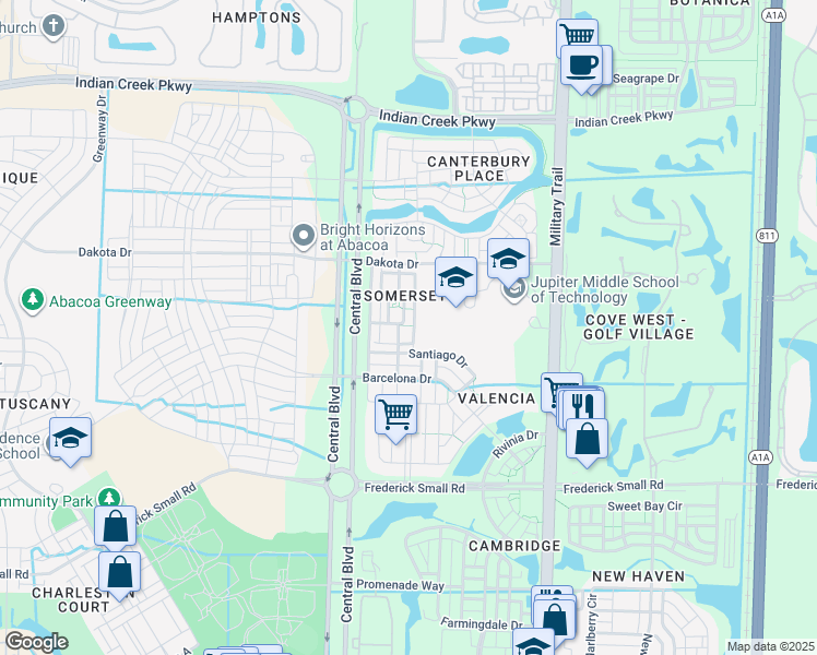 map of restaurants, bars, coffee shops, grocery stores, and more near 1 Ashford Bandon Lane in Jupiter