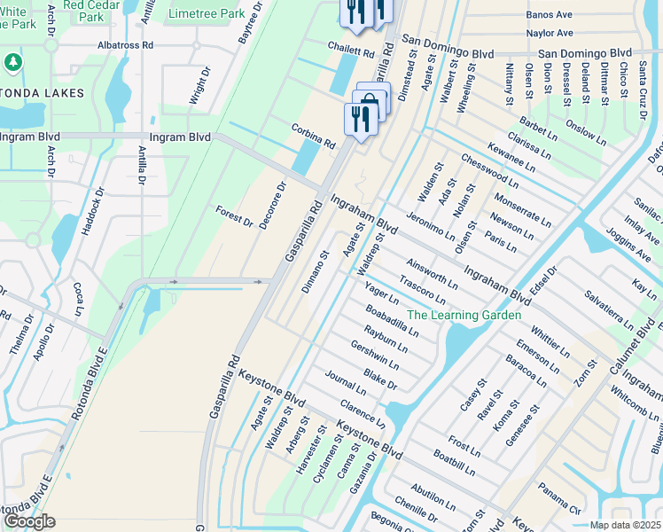 map of restaurants, bars, coffee shops, grocery stores, and more near 8528 Agate Street in Port Charlotte