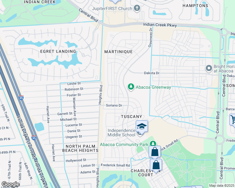 map of restaurants, bars, coffee shops, grocery stores, and more near 3223 East Community Drive in Jupiter