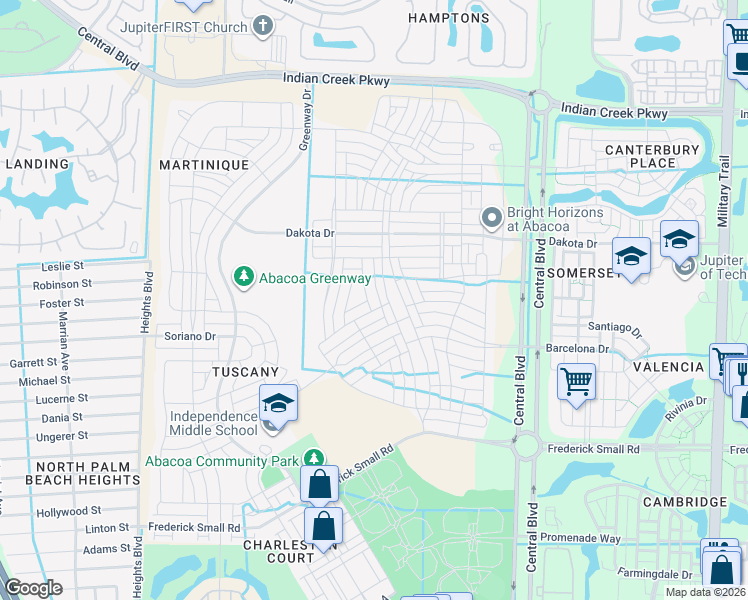 map of restaurants, bars, coffee shops, grocery stores, and more near 3319 Duncombe Drive in Jupiter