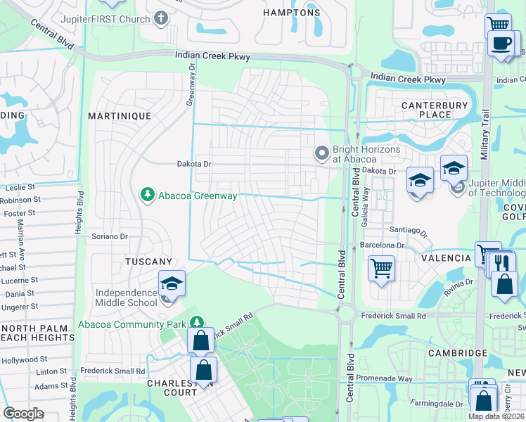 map of restaurants, bars, coffee shops, grocery stores, and more near 3343 Mallory Boulevard in Jupiter