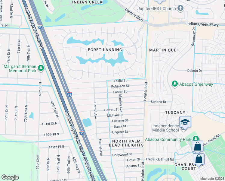 map of restaurants, bars, coffee shops, grocery stores, and more near 6249 Foster Street in Jupiter