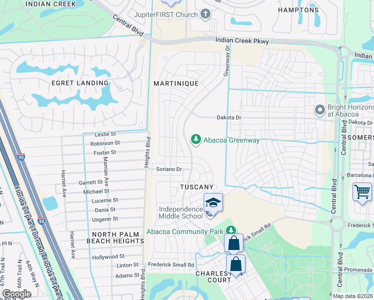 map of restaurants, bars, coffee shops, grocery stores, and more near 3342 Greenway Drive in Jupiter