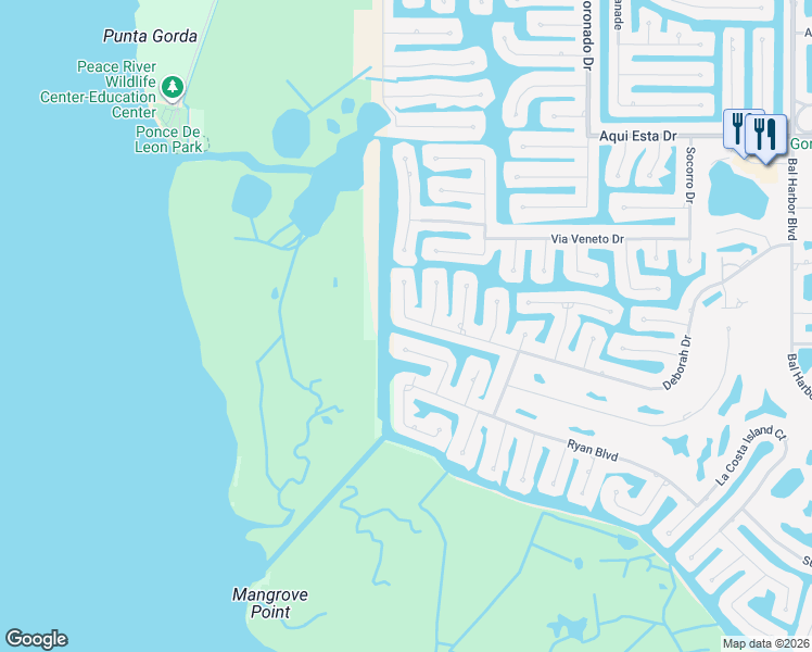 map of restaurants, bars, coffee shops, grocery stores, and more near 3670 Aruba Court in Punta Gorda