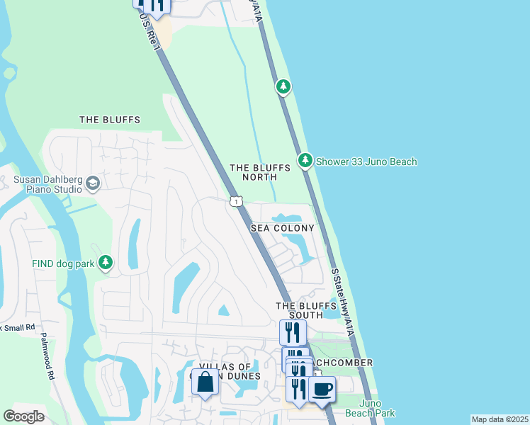 map of restaurants, bars, coffee shops, grocery stores, and more near 301 Ocean Bluffs Boulevard in Jupiter