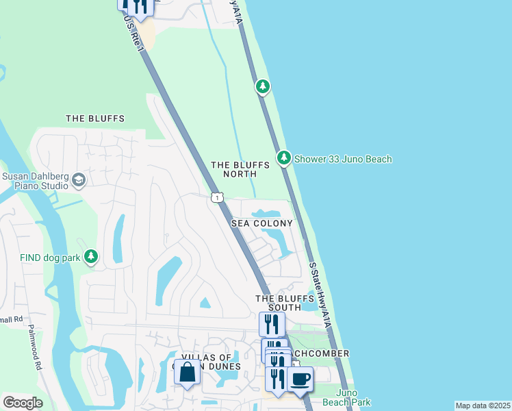 map of restaurants, bars, coffee shops, grocery stores, and more near 201 Ocean Bluffs Boulevard in Jupiter